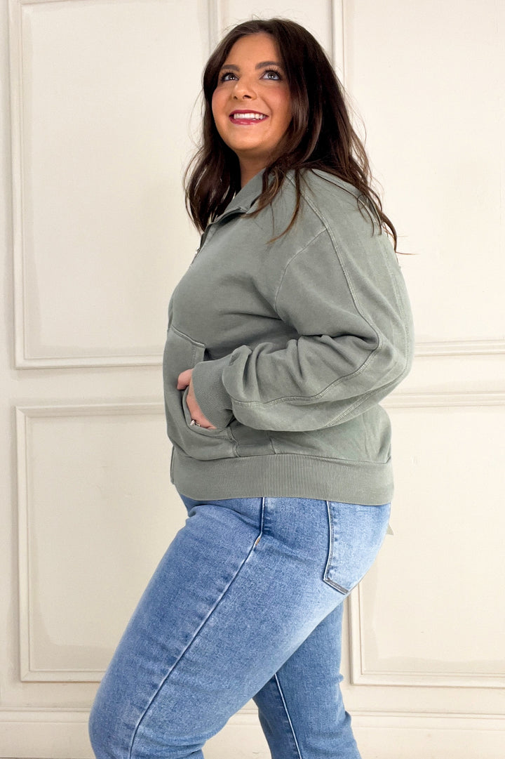 Acid Wash High Collar Zip Up Sweatshirt