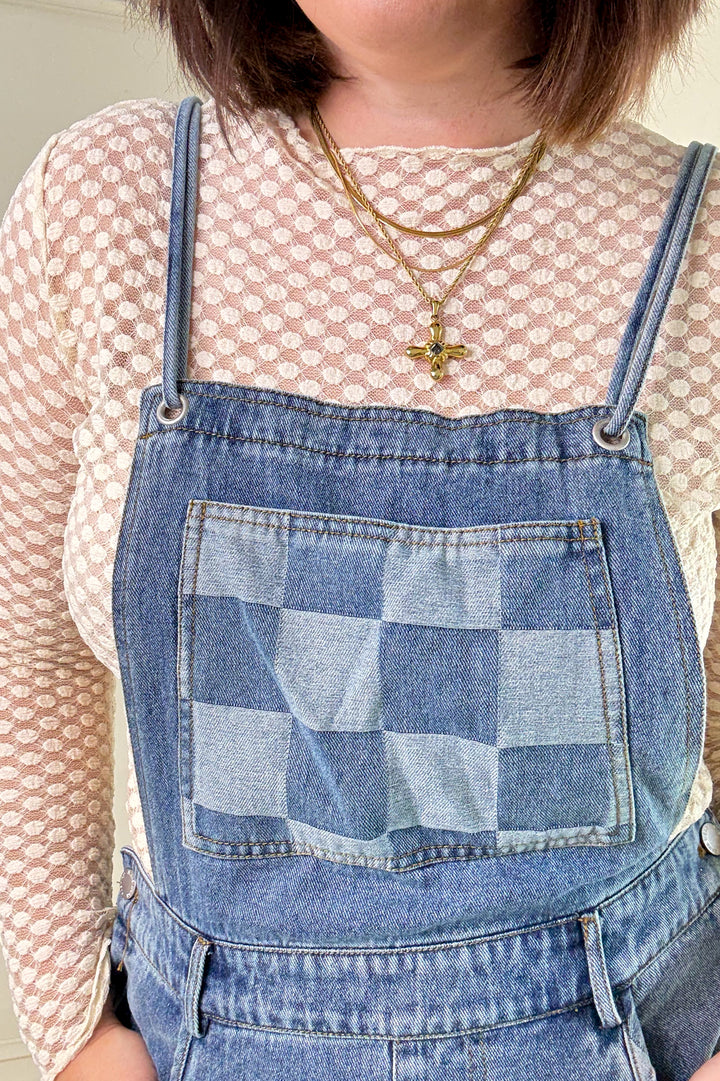 Checker Mix Denim Wide Leg Overall Jumpsuit