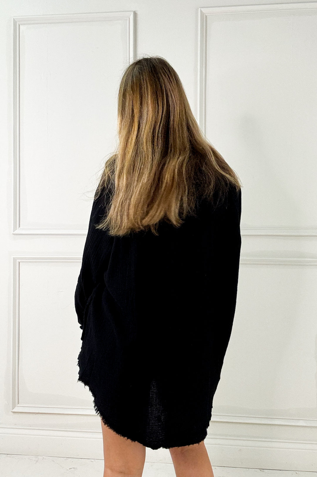 Raw Edge Oversized Button Down Pocket Top