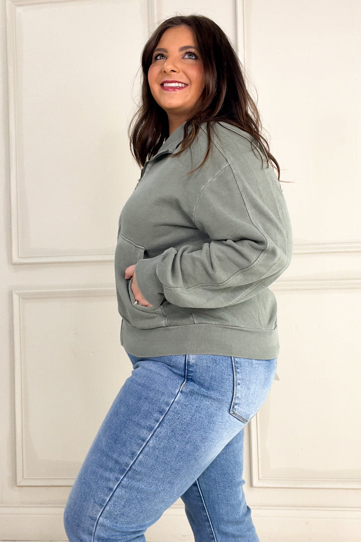 Acid Wash High Collar Zip Up Sweatshirt