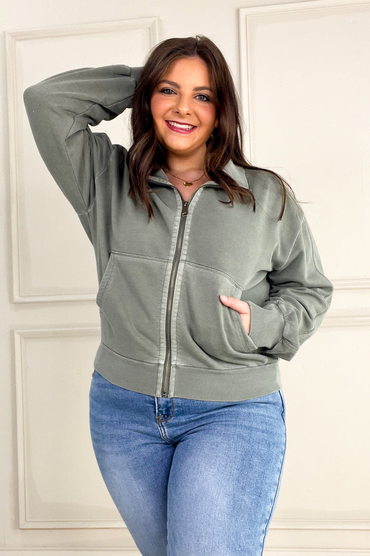 Acid Wash High Collar Zip Up Sweatshirt