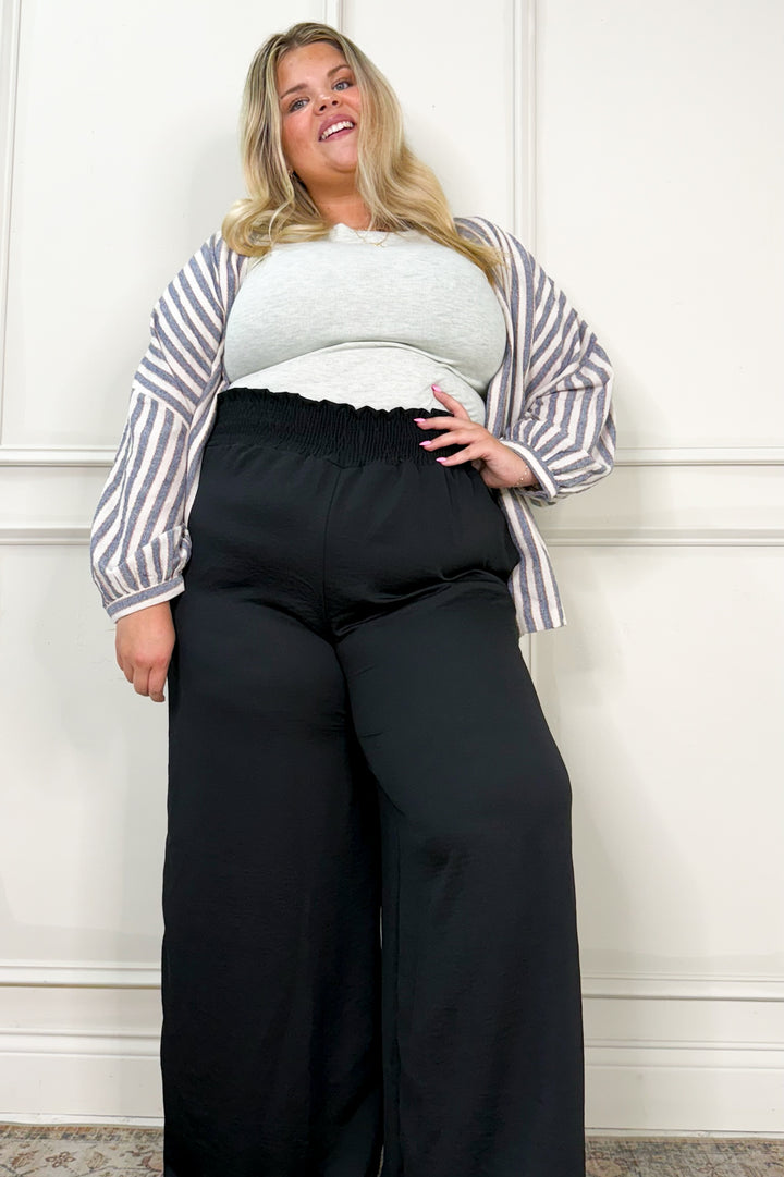 High Waist Solid Smocked Wide Leg Curvy Pants