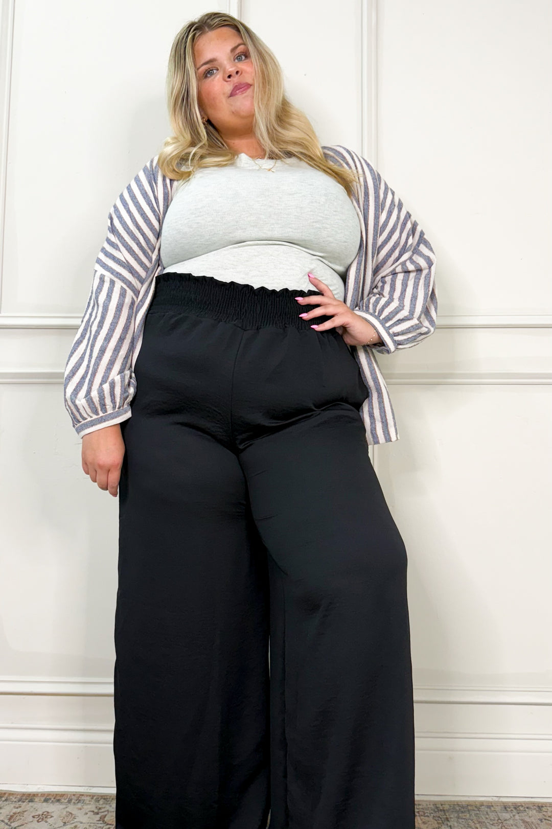 High Waist Solid Smocked Wide Leg Curvy Pants