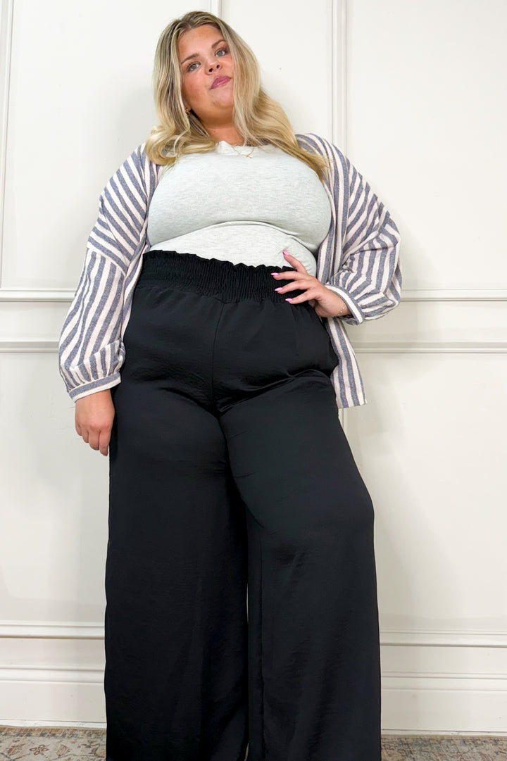 High Waist Solid Smocked Wide Leg Curvy Pants