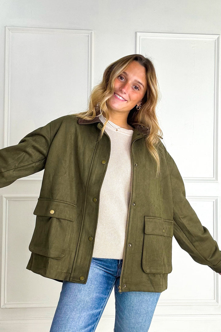 Button Down Faux Suede Barn Jacket