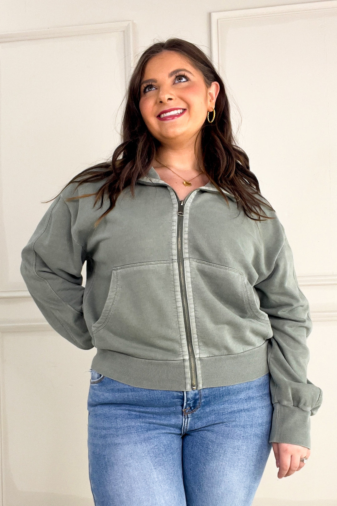 Acid Wash High Collar Zip Up Sweatshirt