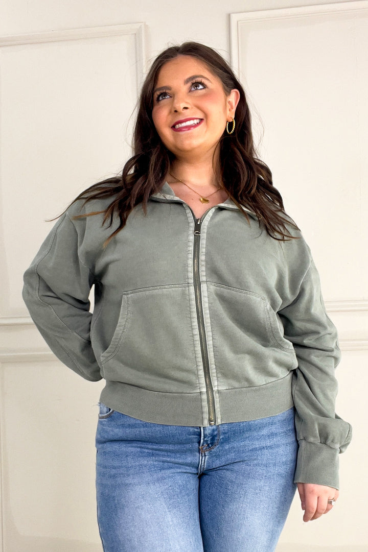 Acid Wash High Collar Zip Up Sweatshirt