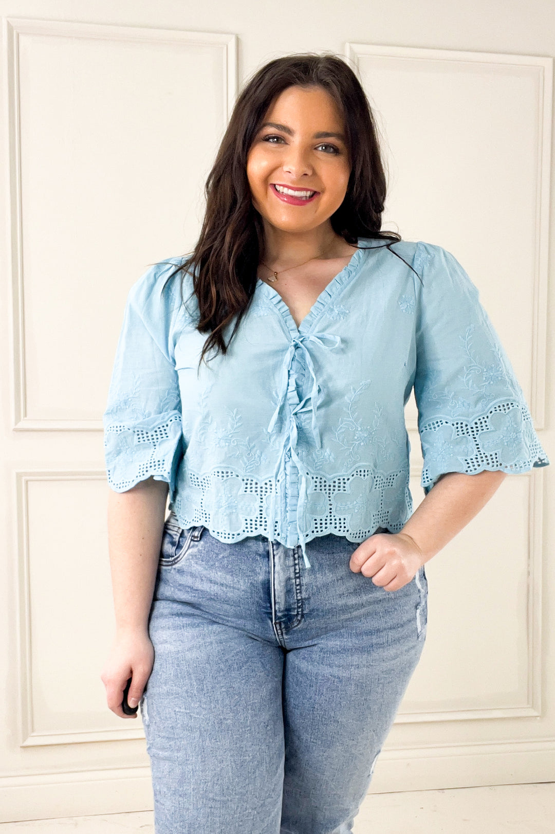 Floral Embroidery Tie Front Blouse