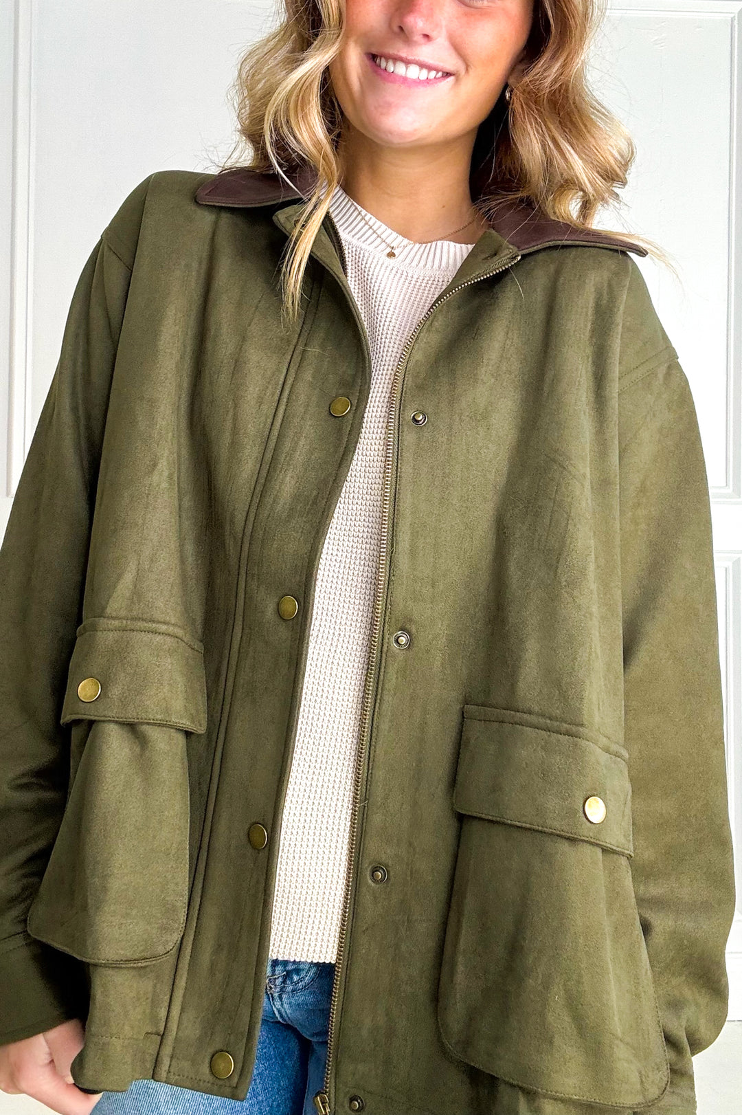 Button Down Faux Suede Barn Jacket