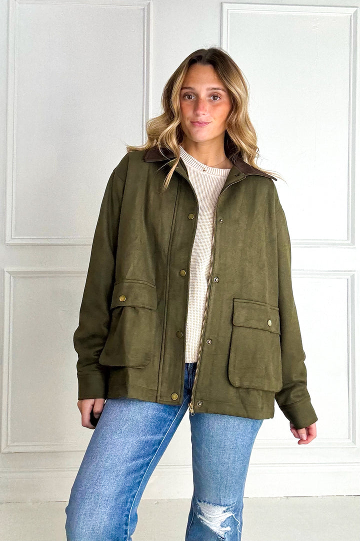 Button Down Faux Suede Barn Jacket