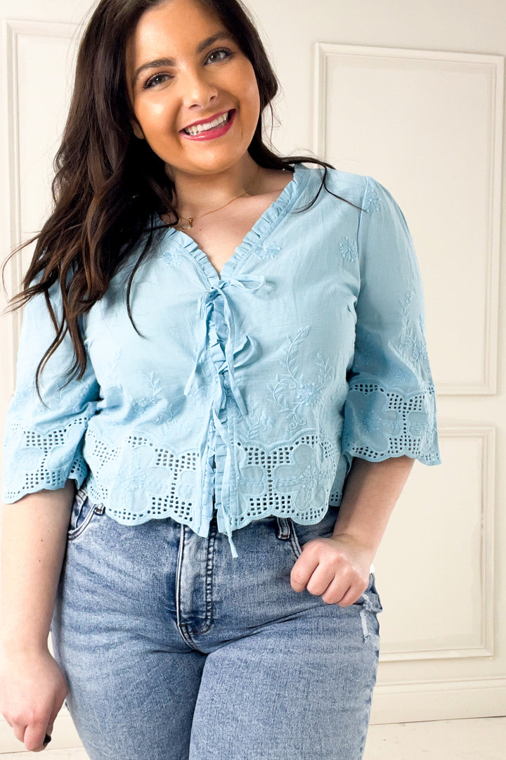 Floral Embroidery Tie Front Blouse