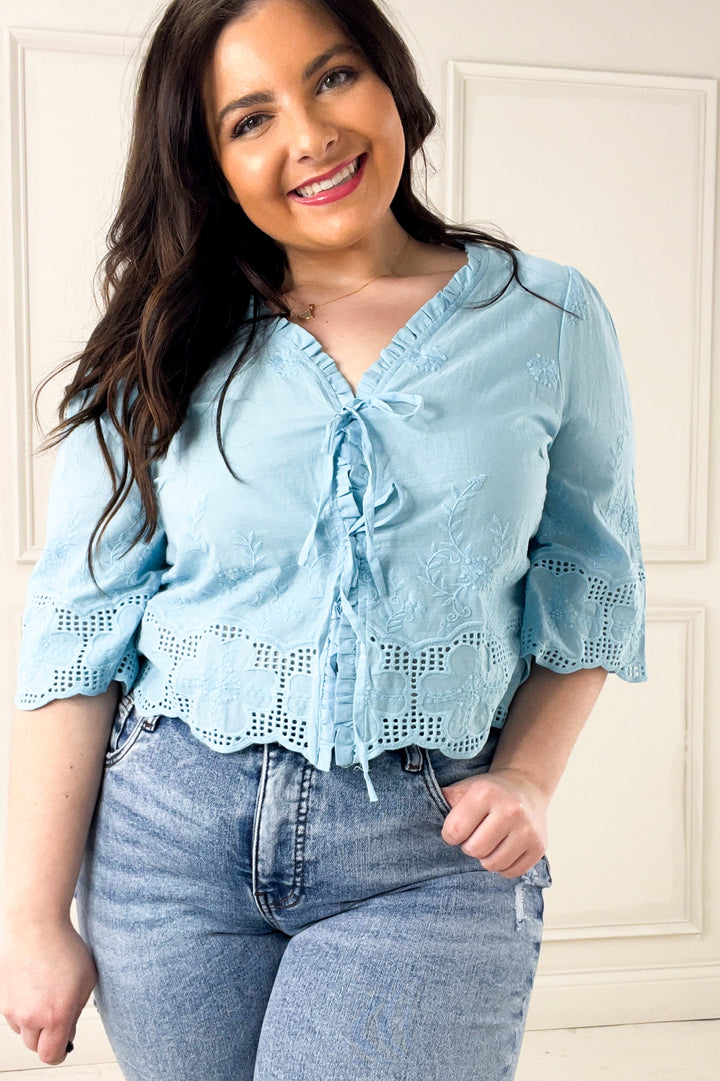 Floral Embroidery Tie Front Blouse