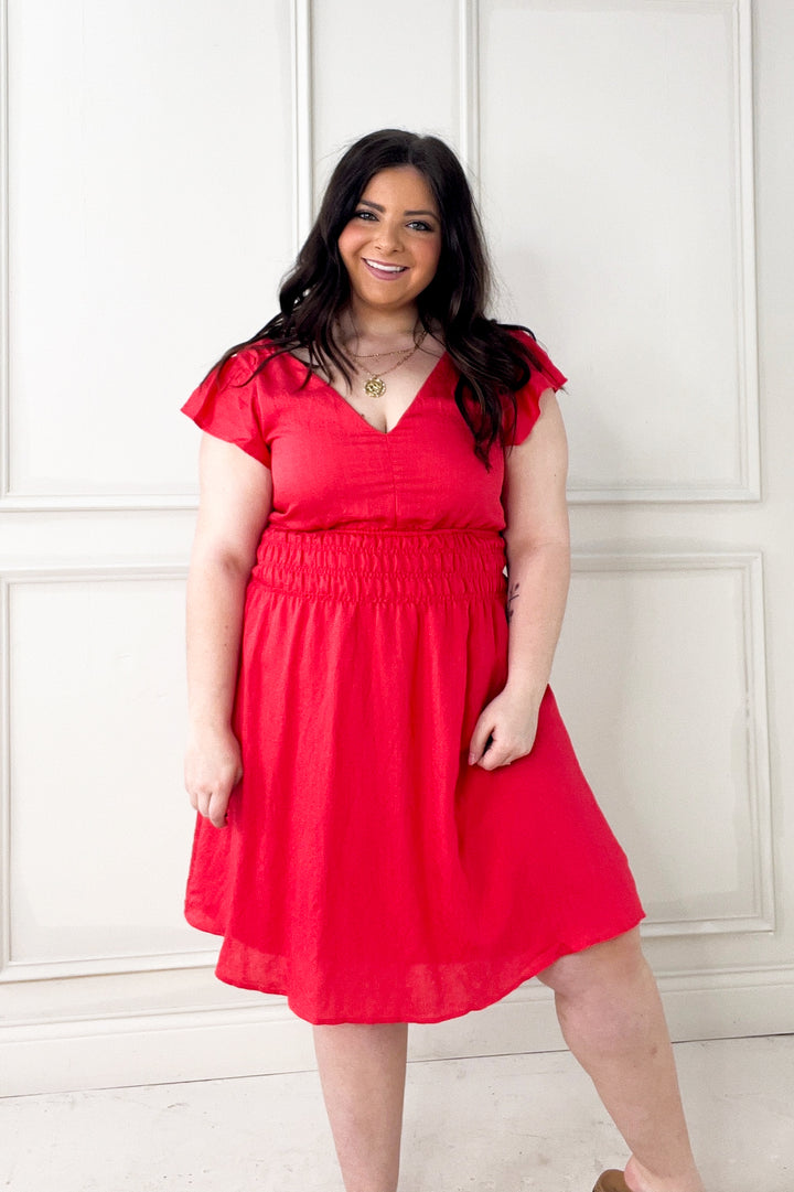 Double V Flutter Sleeve Smocked Mini Dress