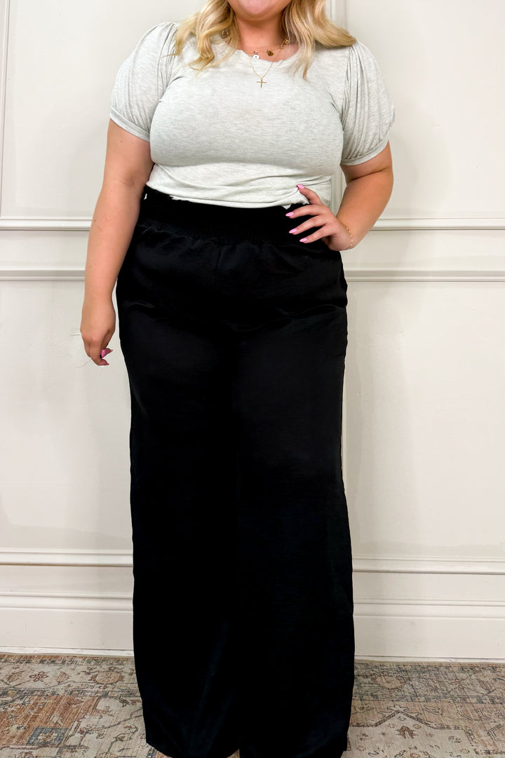 High Waist Solid Smocked Wide Leg Curvy Pants
