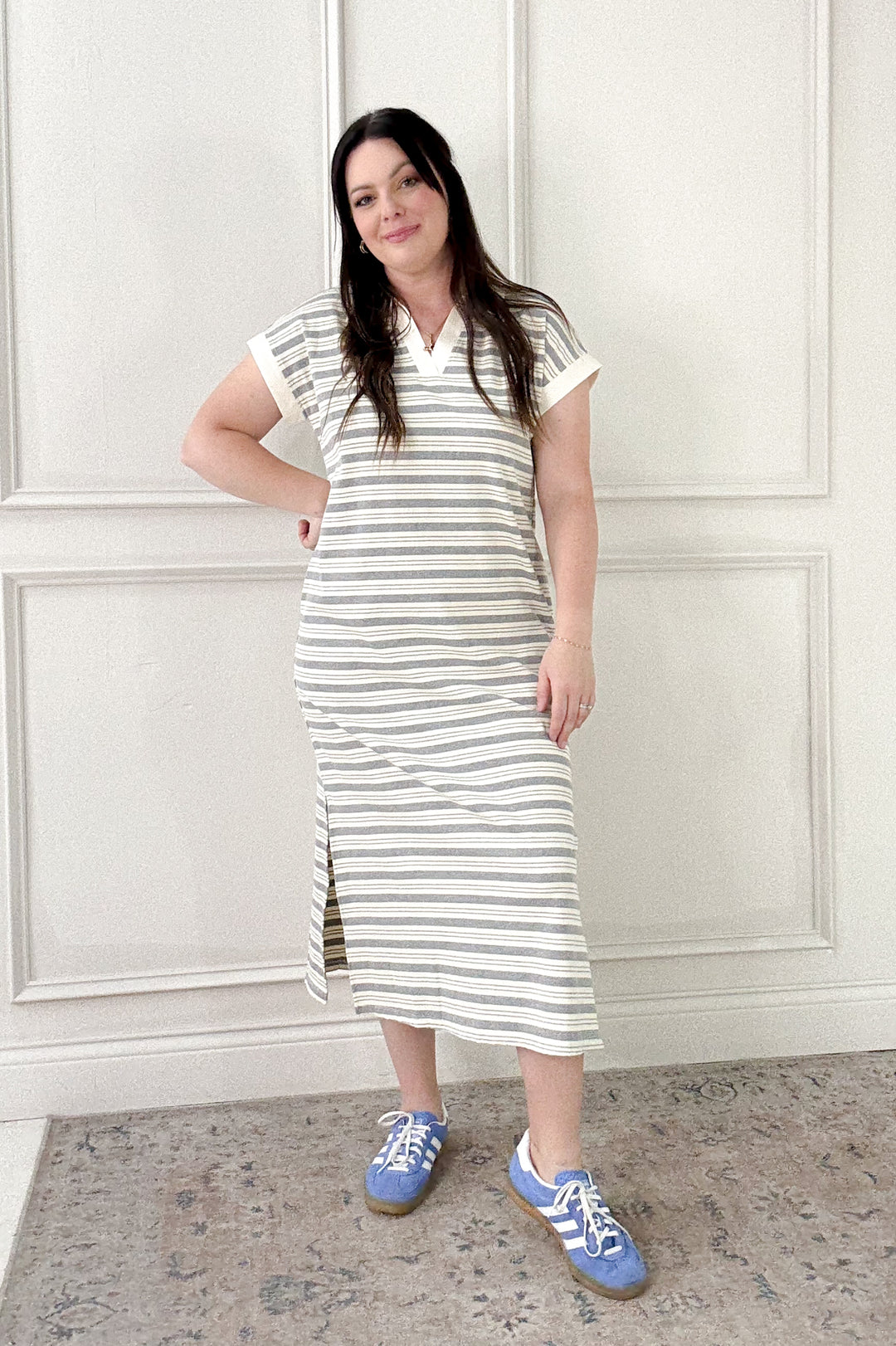 Striped Contrast Band Side Slit Midi Dress