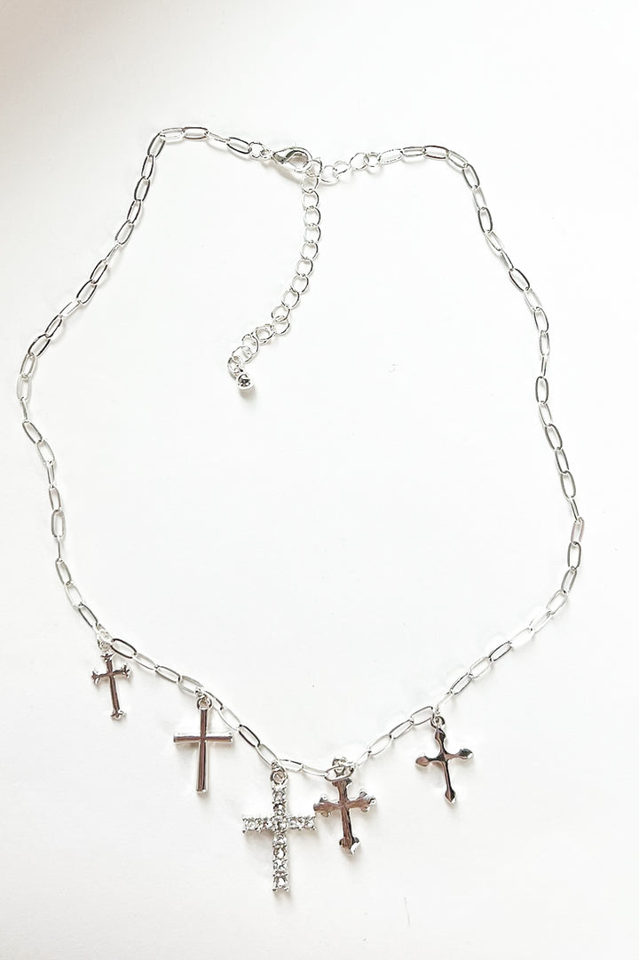Crystal Accent Multi Cross Charm Necklace