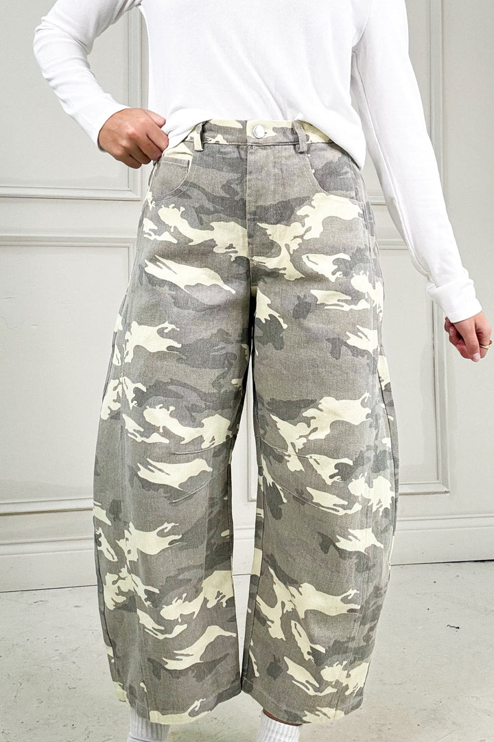 Camo Print Wide Leg Barrel Jeans