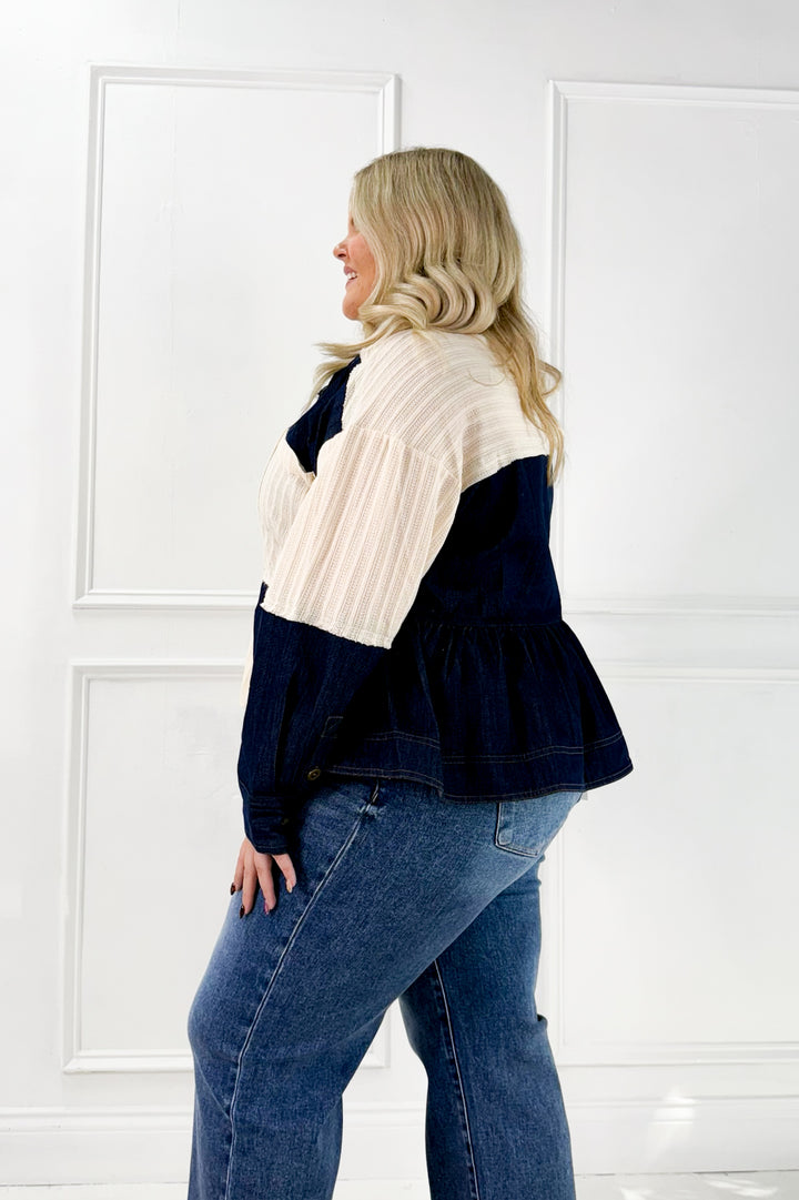 Denim Patchwork Button Down Waffle Knit Curvy Top