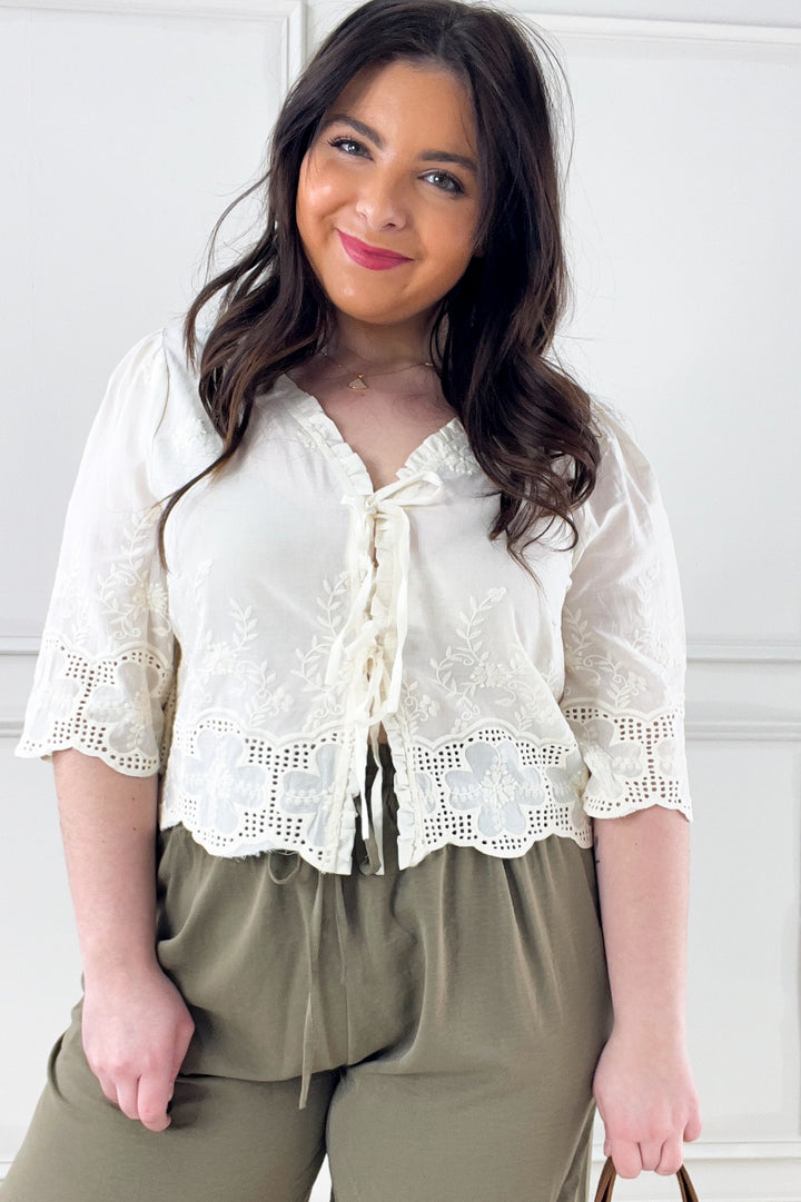 Floral Embroidery Tie Front Blouse