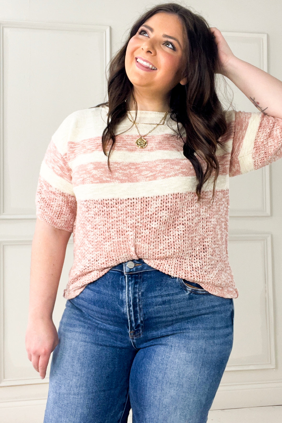 Stripe Color Block Textured Half Sleeve Sweater