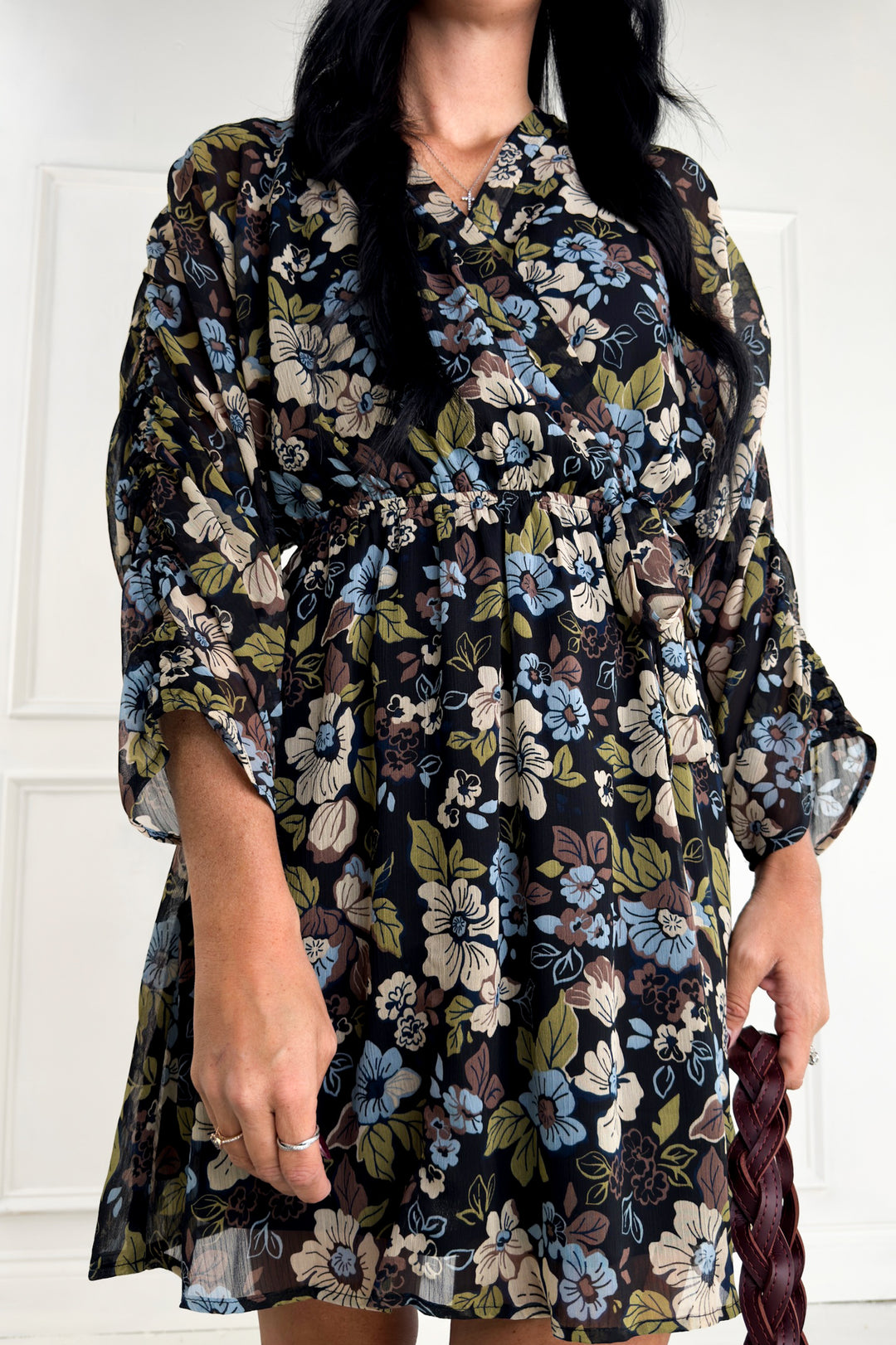 Surplice Shirring 3/4 Sleeve Floral Dress