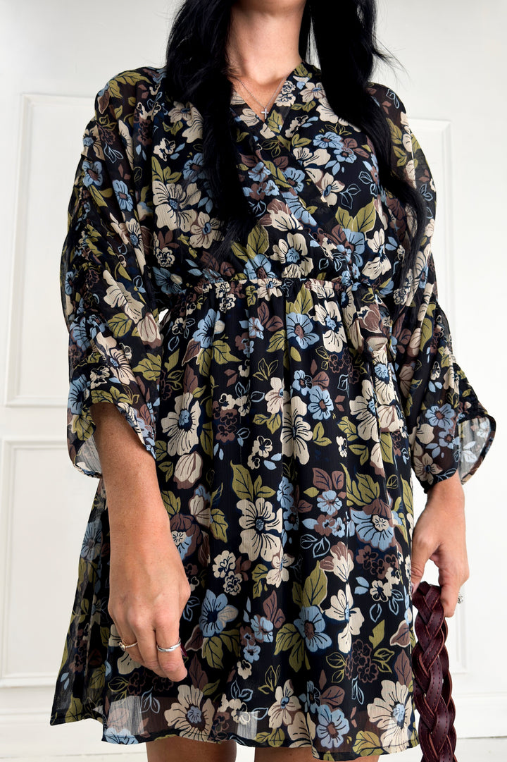 Surplice Shirring 3/4 Sleeve Floral Dress