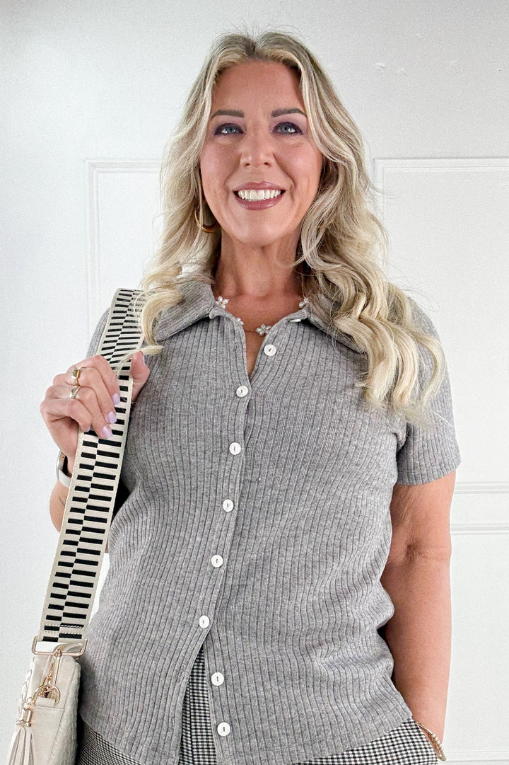 Short Sleeve Button Up Ribbed Blouse