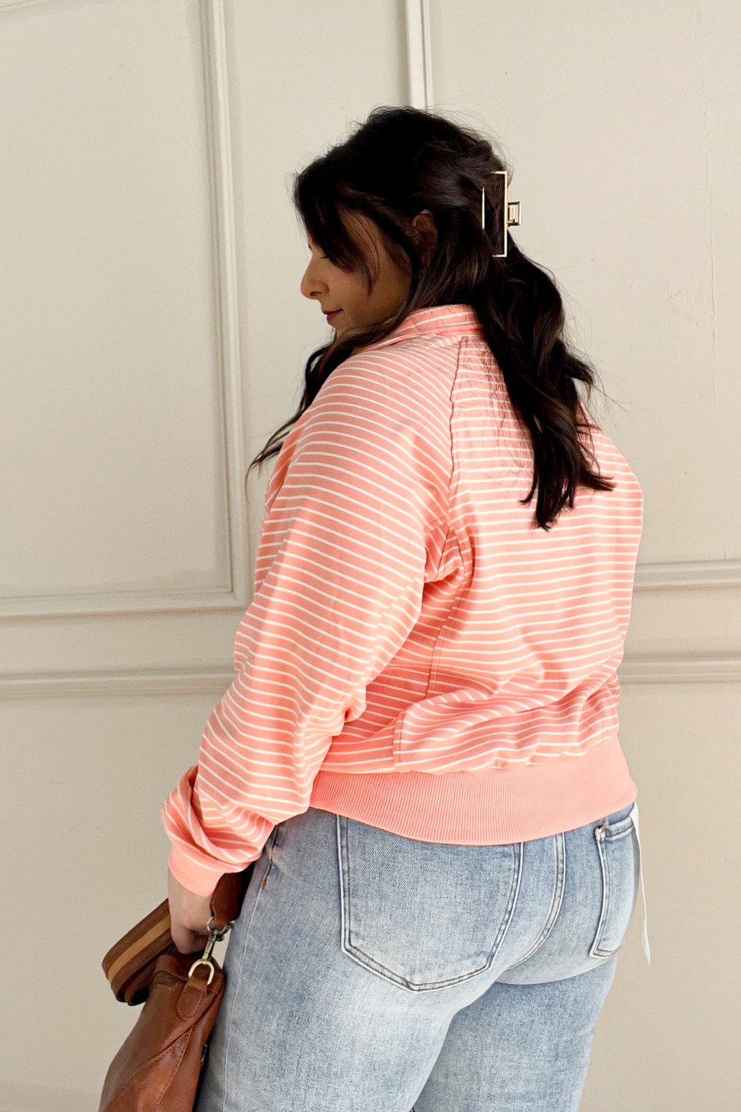 Collared Snap Button Striped Sweatshirt Pullover