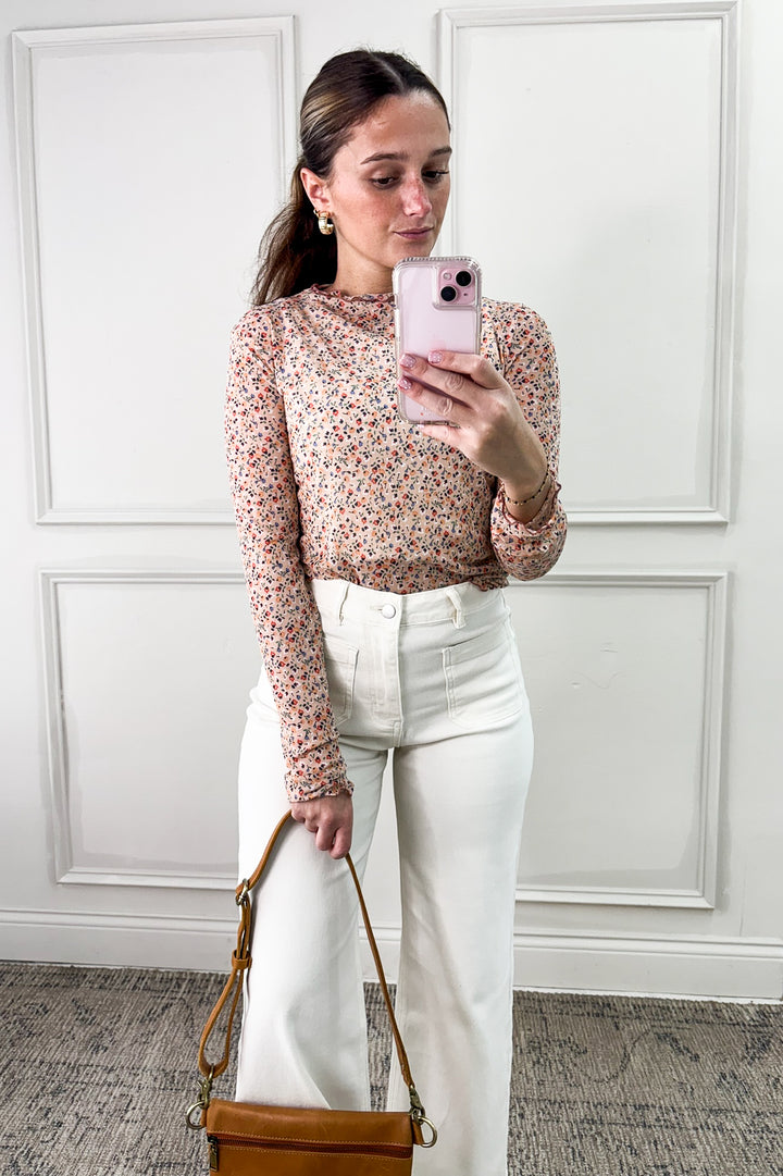 Semi Sheer Floral Mesh Long Sleeve Top
