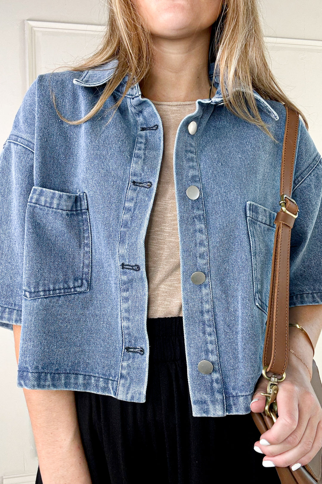 Button Up Short Sleeve Denim Crop Jacket