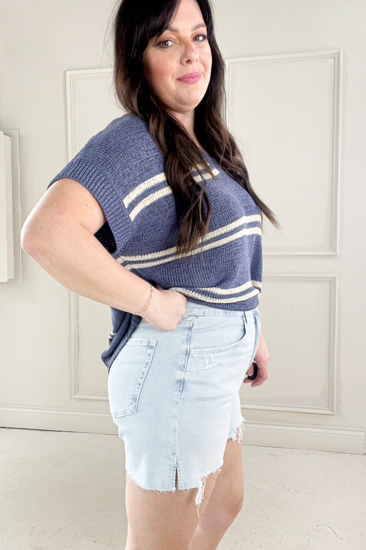 Double Stripe Cap Sleeve V-Neck Sweater