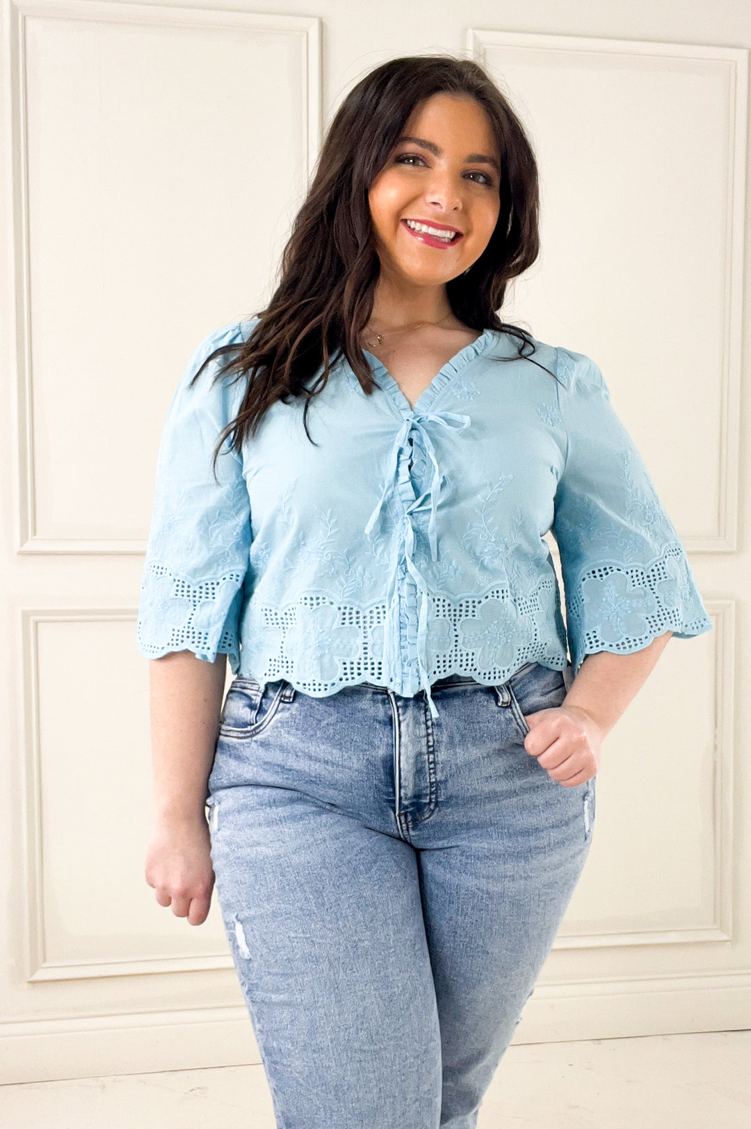 Floral Embroidery Tie Front Blouse