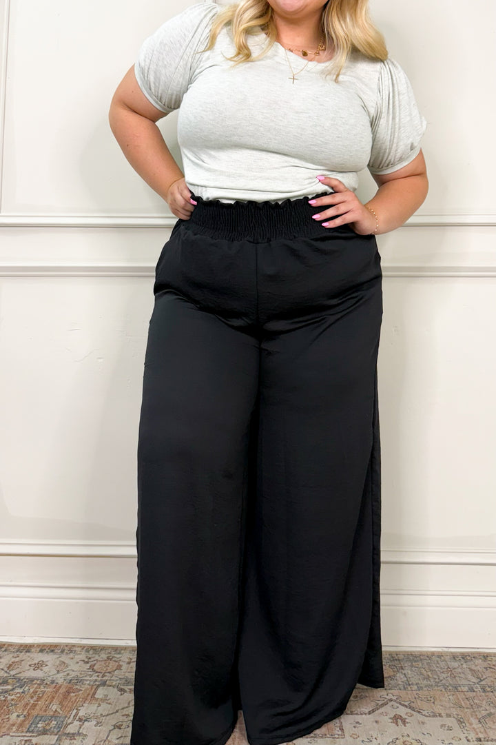 High Waist Solid Smocked Wide Leg Curvy Pants