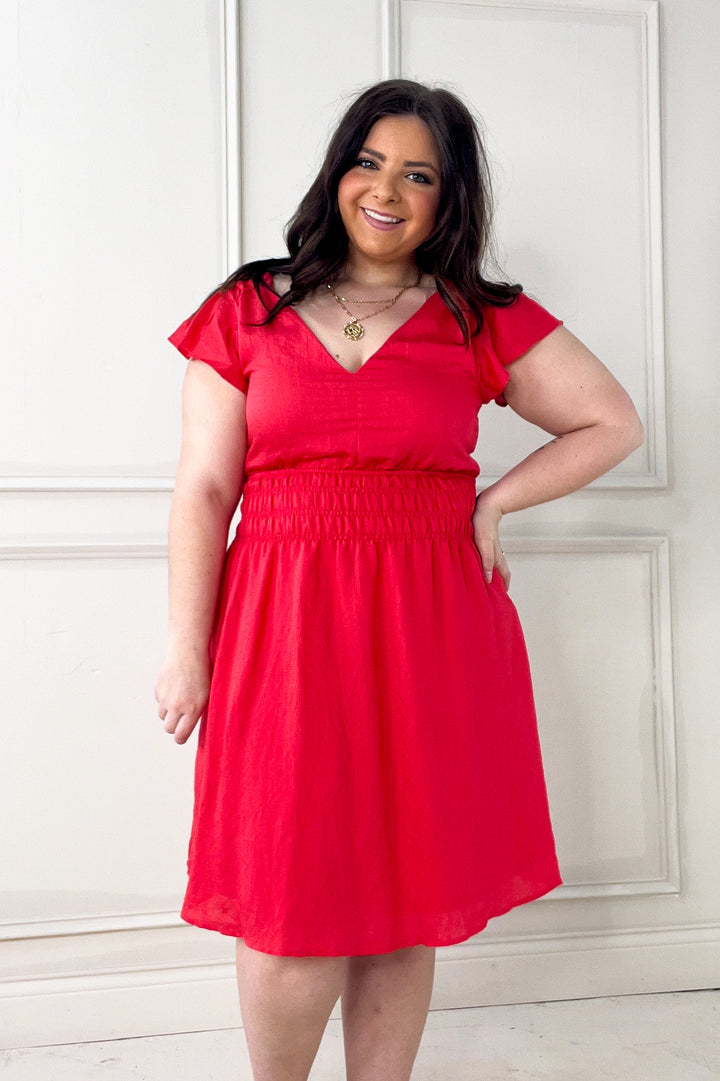 Double V Flutter Sleeve Smocked Mini Dress