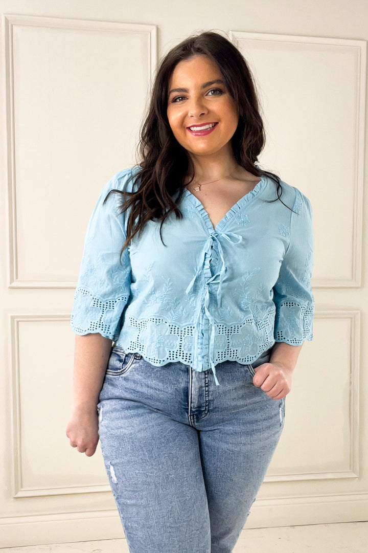 Floral Embroidery Tie Front Blouse