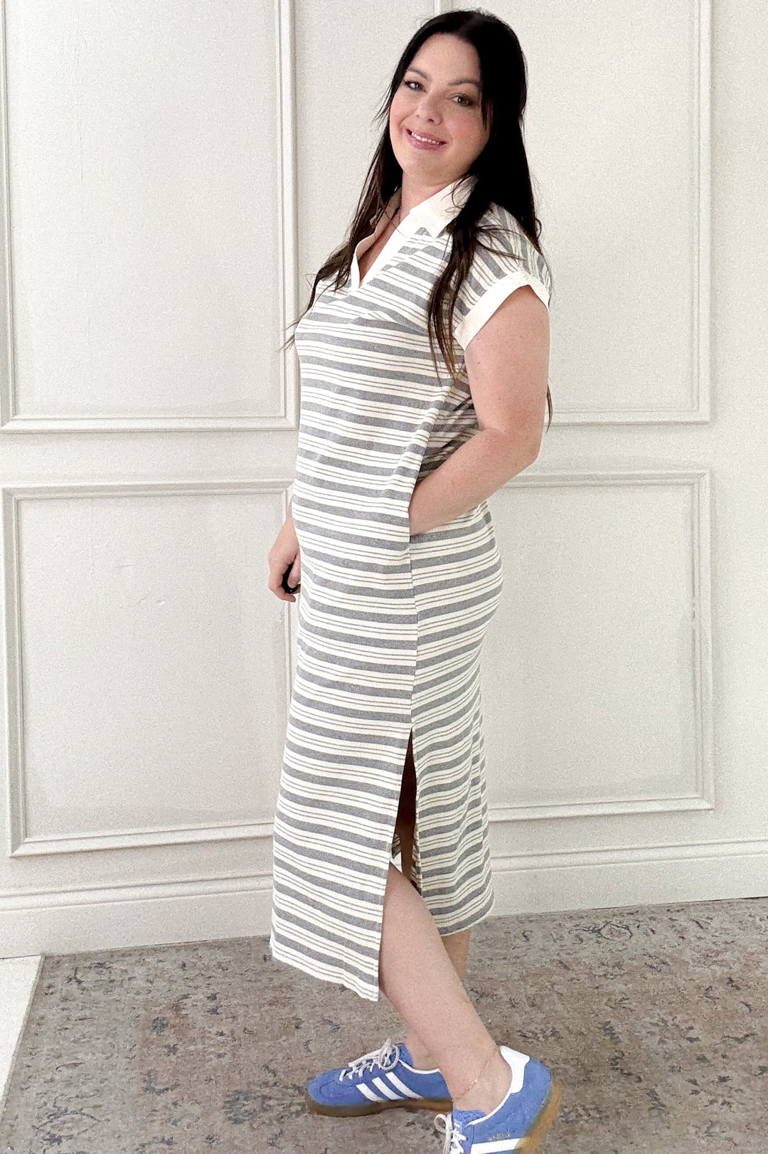 Striped Contrast Band Side Slit Midi Dress