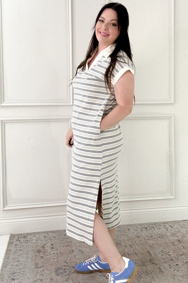 Striped Contrast Band Side Slit Midi Dress
