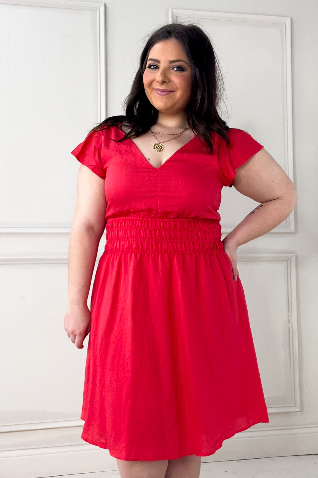 Double V Flutter Sleeve Smocked Mini Dress