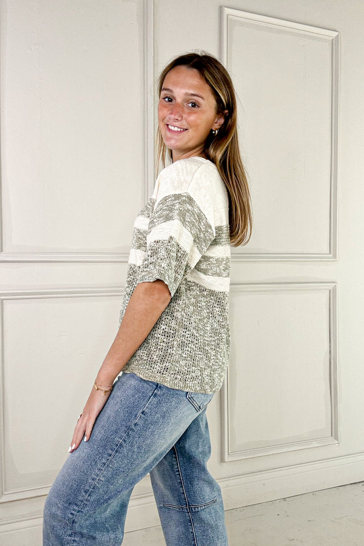 Stripe Color Block Textured Half Sleeve Sweater