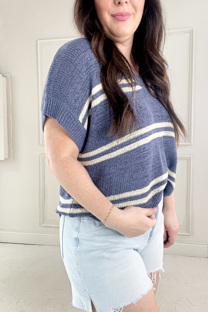 Double Stripe Cap Sleeve V-Neck Sweater