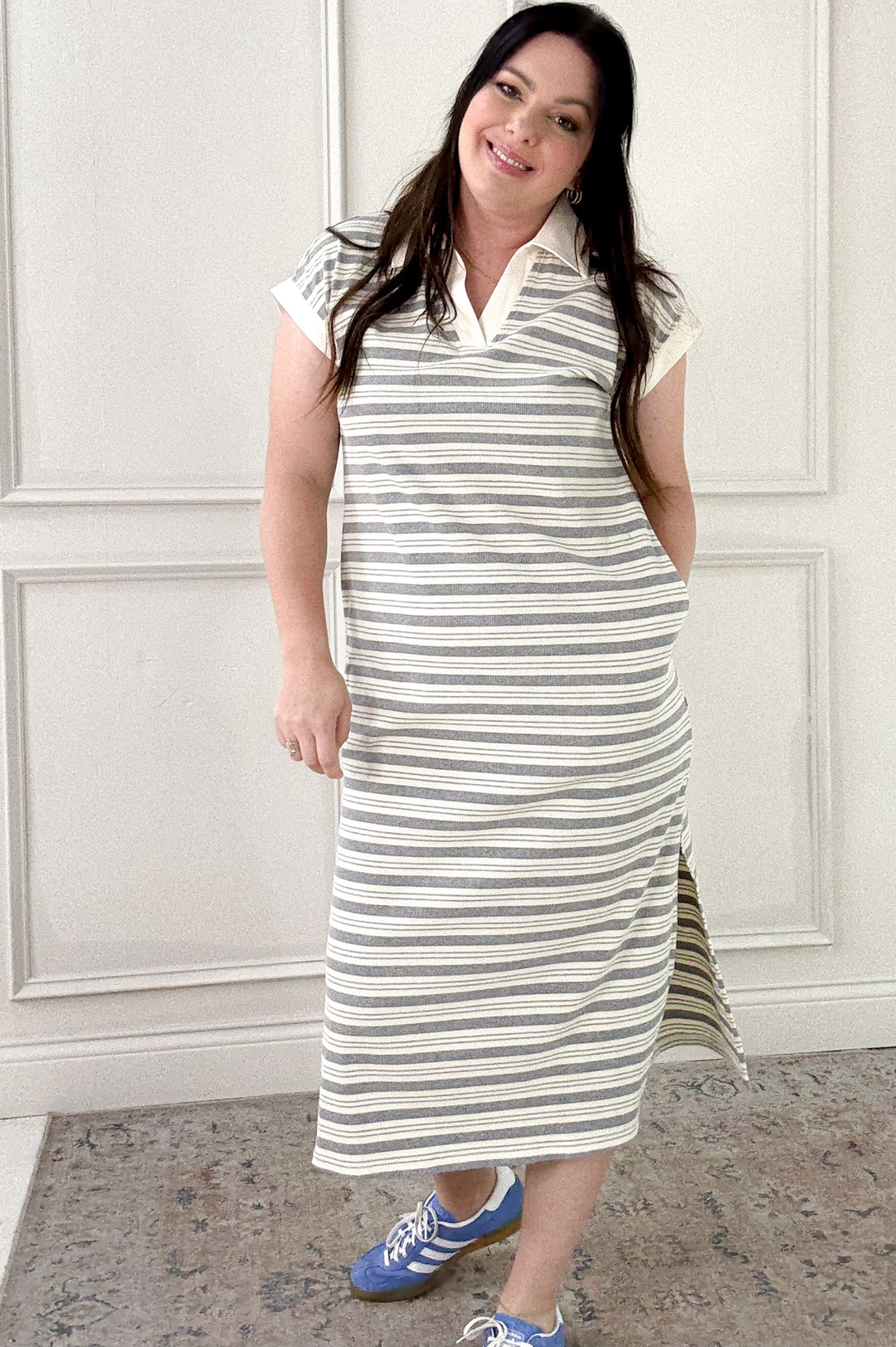 Striped Contrast Band Side Slit Midi Dress