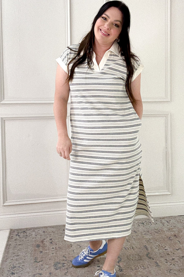 Striped Contrast Band Side Slit Midi Dress