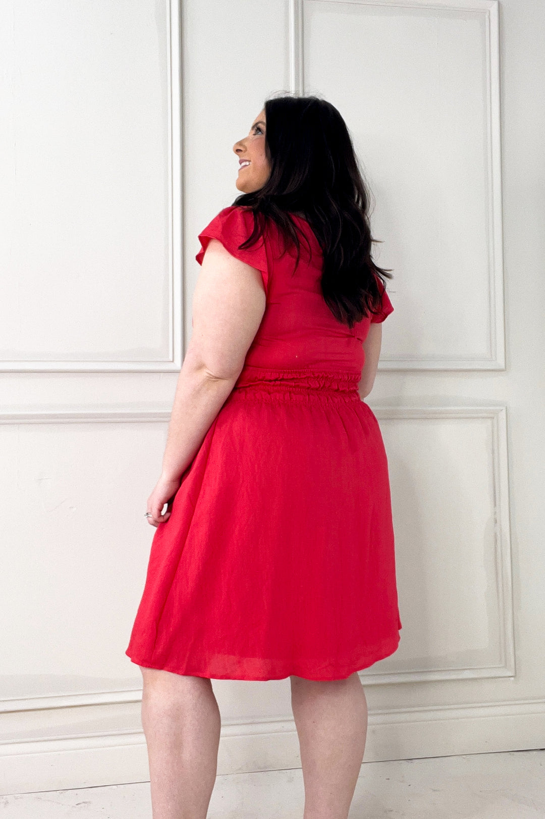 Double V Flutter Sleeve Smocked Mini Dress