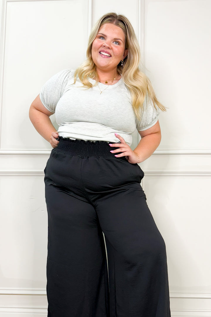 High Waist Solid Smocked Wide Leg Curvy Pants