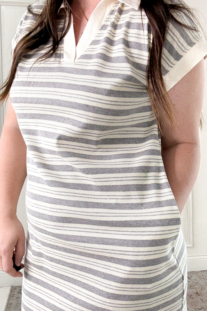 Striped Contrast Band Side Slit Midi Dress