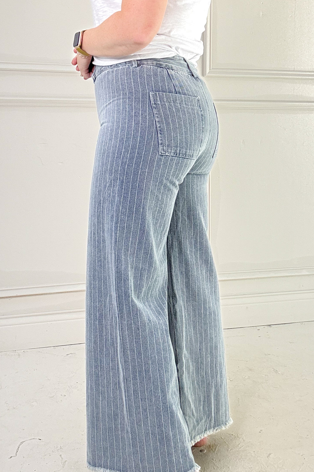 Washed Stripe Denim Frayed Hem Pants