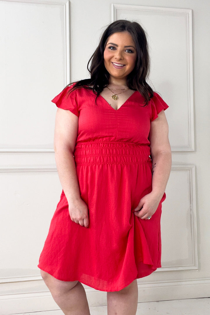 Double V Flutter Sleeve Smocked Mini Dress