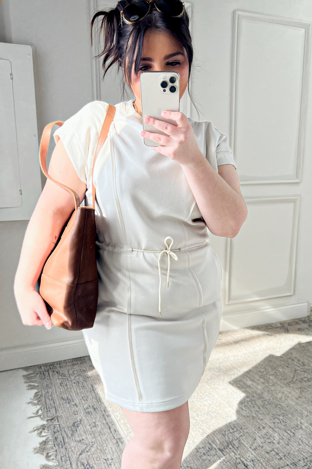 Pleat Detail Drawstring Tie Mini Dress