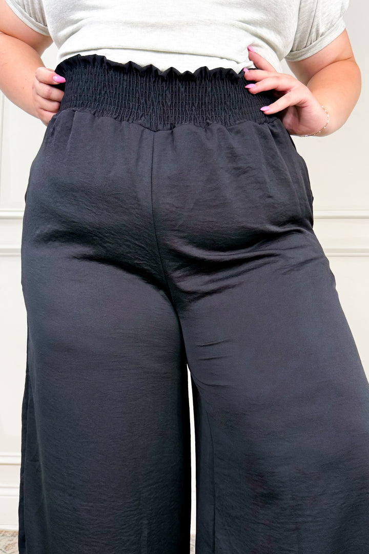 High Waist Solid Smocked Wide Leg Curvy Pants