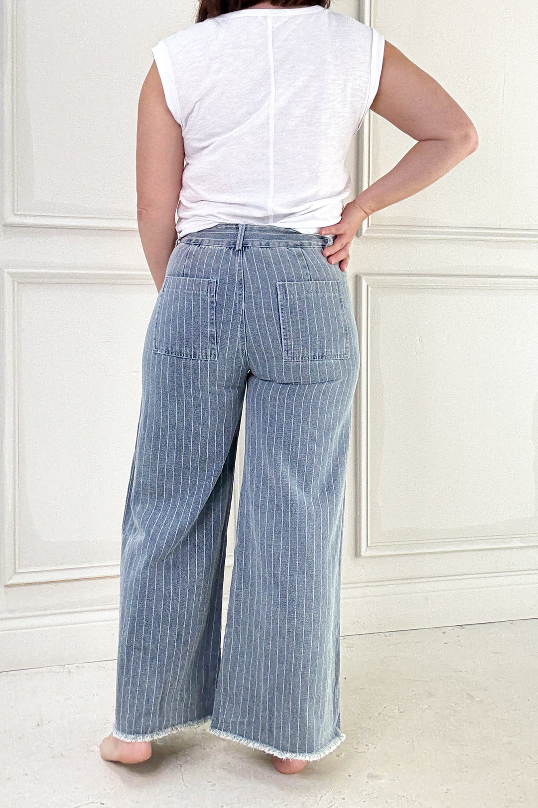 Washed Stripe Denim Frayed Hem Pants